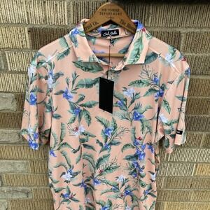 Bad Birdie Men's Medium Golf Polo Tropical Floral Peach Beach Vacation Resort